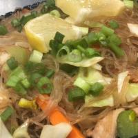 Chicken Pancit Plate · Rice noodles with stir fried veggies and chicken. served with rice, 5 lumpia, and sweet chil...