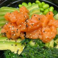 Salmon Poke · scottish salmon, cucumber, avocado, soybeans, seaweed salad, sesame seeds w/house poke sauce...