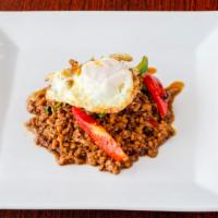 Gaprow · Ground meat with Thai basil, bell peppers, and garlic with fried eggs.