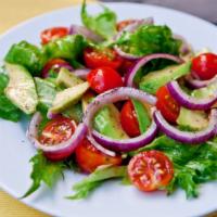Roasted Greek Avocado Salad · Fresh combination of organic crispy mix, organic romaine heart lettuce, diced avocado, marin...