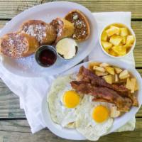 French Toast, 2 Eggs & 3 Bacon (Pork) · Served with two eggs of your choice, three slices of bacon with butter, syrup and powdered s...