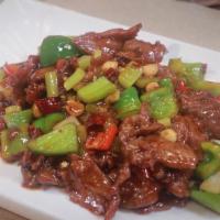 Kung Pao Beef/宫保牛 · Spicy. Red/Green Bell Pepper, Celery, Peanut, Stir Fried w. Home Made Sauce.