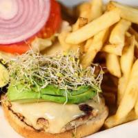 Pat Tillman Powerhouse* · turkey burger, Swiss cheese, avocado, sprouts, lettuce, tomato, onion, honey mustard