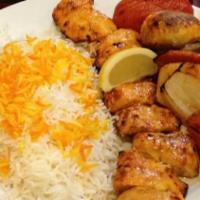 Chicken Kabob · Marinated chicken tenders with saffron flavor, and grilled to perfection.