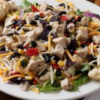 Southwest Chicken Salad · Grilled chicken, onions, corn, black beans, cilantro, tortilla strips, mixed cheeses, served...