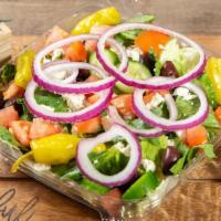 Greek Salad · Fresh iceberg and romaine lettuce mix topped with tomatoes, cucumbers, red onions, Kalamata ...