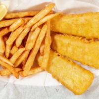 Fish & Chips · Three delicious beer-battered pieces of cod with our crispy 