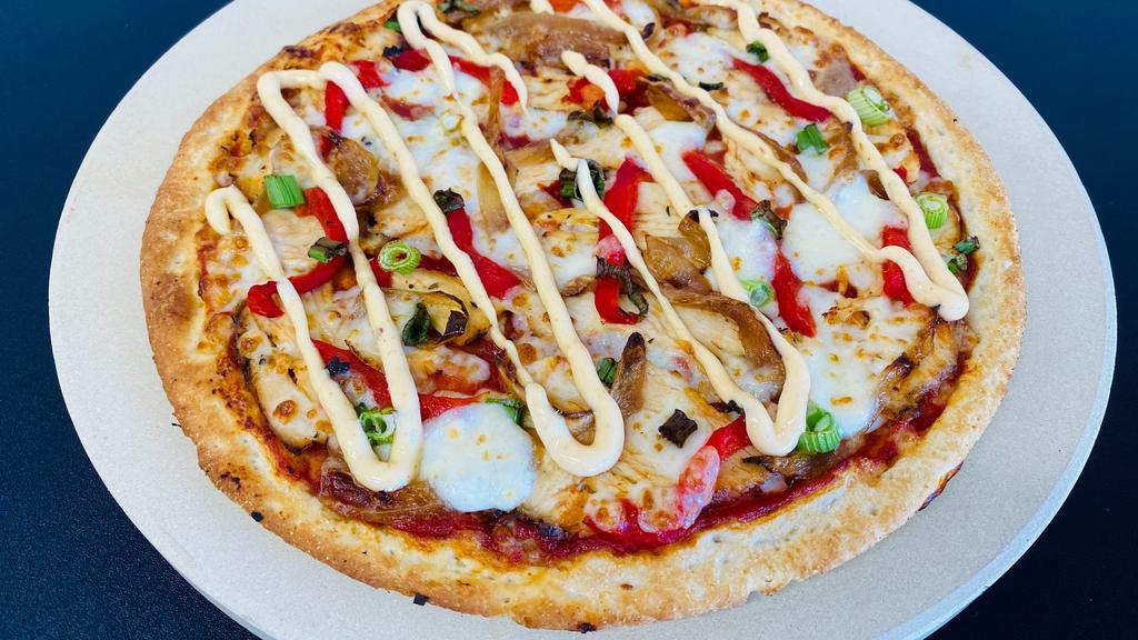 Peri-Peri Chicken (Large) · House Cooked Chicken, Roasted Red Bell Peppers, Caramelized Onions, Scallions and Bocconcini on a tomato base, topped with House-made peri-peri sauce.