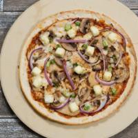 Bbq Chicken With Feta (Large) · House Cooked Chicken, Mushrooms, Red Onions, and Scallions on a BBQ base.