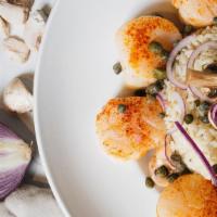 Scallops Medusa · Deep sea scallops, capers, onions, mushrooms, roasted garlic sherry wine sauce, linguine or ...