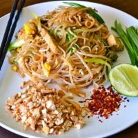 Pad Thai · Stir fried rice noodles with eggs, bean sprouts and spring onions topped with peanuts. Choic...