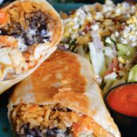 California Burritos · Large flour tortilla filled with rice, black beans, sour cream, cheese and a filling. Served...