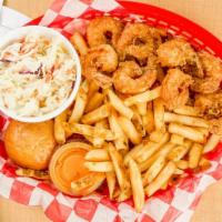 Shrimp Dinner · Eight large hand-breaded, fried shrimp with fries or rings, dinner roll & coleslaw.