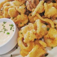 Towne Dock Calamari · Tender calamari lightly dusted, and flash fried, served with red pepper aioli dipping sauce.