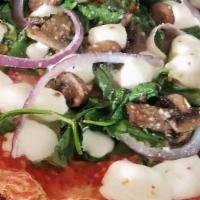 Verdura · san marzano tomato sauce, evoo, pecorino romano, mozzarella, mushrooms, spinach, and red onion
