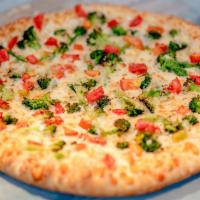 White Ricotta Cheese Pizza · Tomato and broccoli drizzled with garlic infused olive oil and topped with mozzarella cheese.