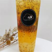 Sky Star Drink · Passion fruit flavored chia tea with lychee jelly, lemon, lime, mangoes and strawberries.