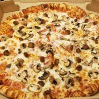 Spartacus Pizza · Pepperoni, sausage, ground beef bacon, green pepper, onion. Black olives, tomatoes, mushroom...
