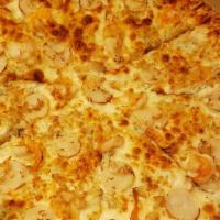 Seafood Alfredo Pizza · Shrimp & crab in a creamy homemade alfredo sauce, topped with blended cheese.