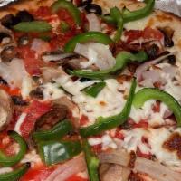 Veggie Supreme · Tomatoes, peppers, mushrooms, onions, olives, mozzarella and our house sauce.