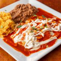 Enchiladas Rancheras Platter · Choices beef or chicken four enchiladas topped with mole ranchero sauce, lettuce, tomatoes, ...