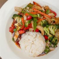 Veggie Stir Fry · Fresh bok choy, bell peppers, onions, broccoli and carrots in a brown sauce.