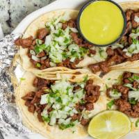 Street Tacos · Served with salsa verde, chopped onions, cilantro and lime. Choose from: carne asada four pi...