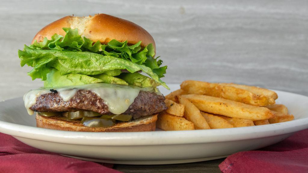 Red Hot Chili Pepper Burger · Served on a brioche bun with avocado jalapeño peppers pepper jack cheese chipotle mayonnaise lettuce and red onion. a half-pound of fresh black angus beef served with seasoned fries and a pickle.