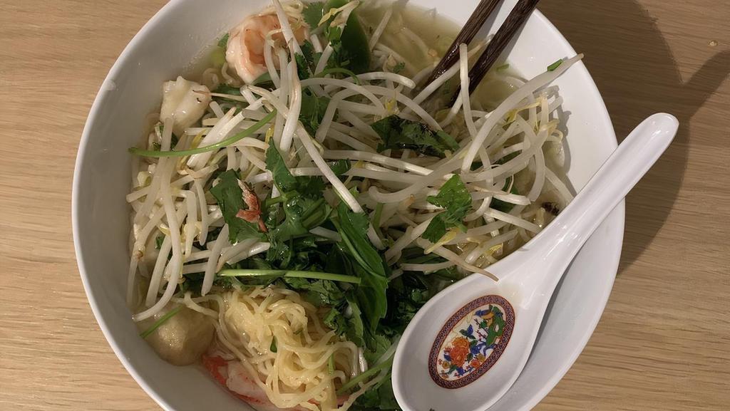House Special Thin Egg Noodle Soup · With shrimp, fish balls, squid, barbecue pork and fried shrimp cake.