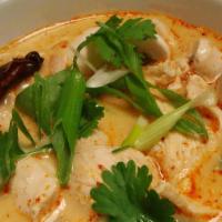 Chicken Galangal Soup - Tom Kha Gai · Spicy Thai coconut soup with chicken (can substitute protein) galangal roots, fresh mushroom...