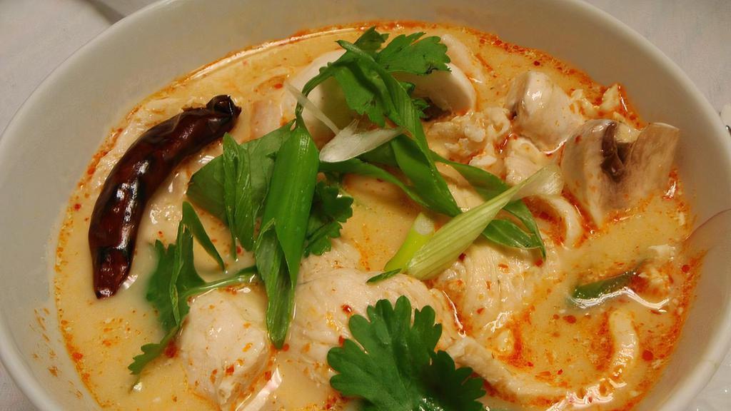 Chicken Galangal Soup - Tom Kha Gai · Spicy Thai coconut soup with chicken (can substitute protein) galangal roots, fresh mushrooms and fresh lime juice
