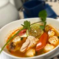 Chicken Lemongrass Soup (Spicy) · Spicy Thai hot & sour lemongrass broth with chicken (can substitute protein) fresh mushrooms...