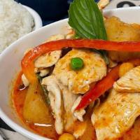Massaman Curry (Spicy) · A Southern Thai tangy flavored curry cooked with coconut milk, carrot, potatoes, roasted pea...