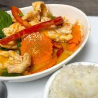 Gang Dang (Red Curry) (Spicy) · Homemade red curry cooked with coconut milk, carrots, string beans, bell peppers, bamboo sho...