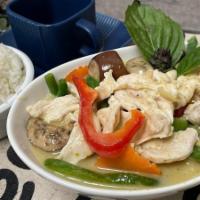 Gang Kiew Wan (Green Curry) (Spicy) · Homemade fresh green curry cooked with coconut milk, carrots, eggplant, bamboo shoots and st...