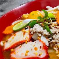 Tom Yum (Thai Spice) Noodle Soup · Your choice of noodles, ground pork, fish balls, shrimp balls, tofu balls, roasted pork, and...