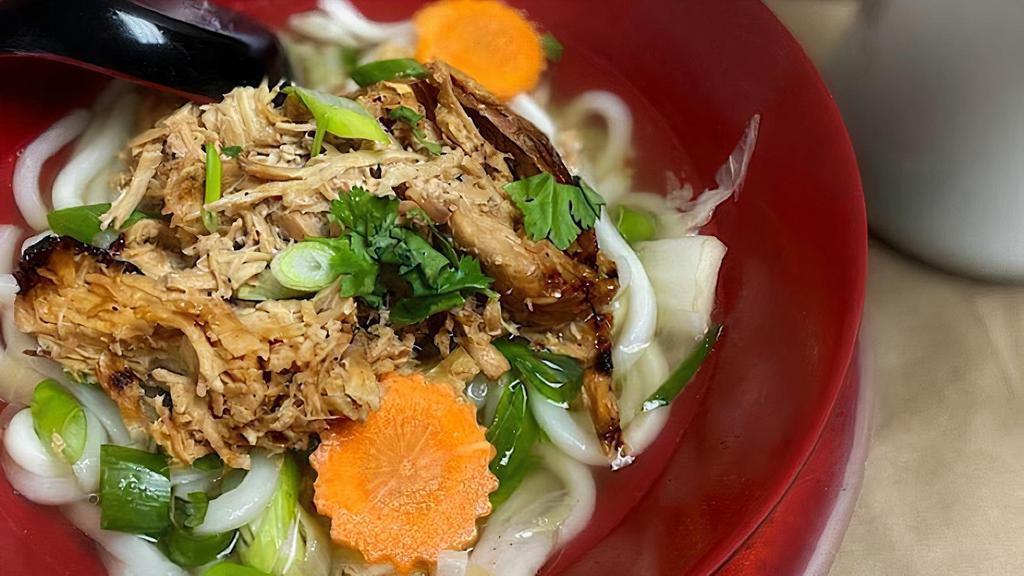 Chicken Noodle Soup · Light and delicious, shredded roasted chicken with your choice of noodles, beansprouts and seasonal fresh green Asian veggies in an aromatic clear broth