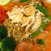 Spice & Dice Fried Rice · Thai style stir-fried Jasmine rice, Chicken (can substitute protein), sliced sweet onions, s...