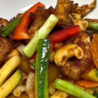 Spice & Dice Cashew Nut Chicken (Spicy) · Crispy breaded chicken sautéed in cashew nuts, diced onions and pineapples, onion in a roast...