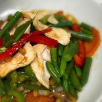 Thai Basil Sauce - Pad Kaprow (Spicy) · Sautéed chicken (can substitute protein) string beans, carrots, sweet onions, and bell peppe...
