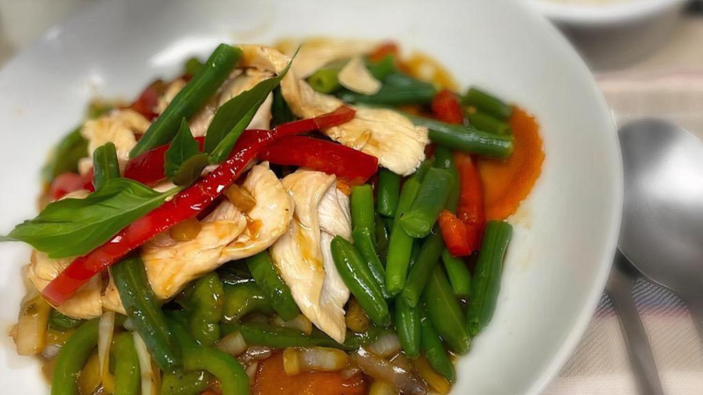 Thai Basil Sauce - Pad Kaprow (Spicy) · Sautéed chicken (can substitute protein) string beans, carrots, sweet onions, and bell peppers in an authentic Thai basil sauce. Served with jasmine rice.