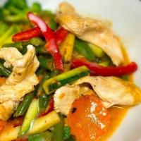 Pad Panang (Spicy) · Stir-fried chicken (can substitute protein) with string beans, bell peppers and carrots in a...