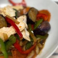 Eggplant With Basil Sauce (Spicy) · Stir-fried chicken (can substitute protein) eggplant with ground Thai chili and garlic in a ...