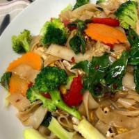 V-N2. Drunken Noodle (Vegan) · Stir-fried flat rice noodles tofu (can substitute protein), Chinese broccoli leaf, cabbage, ...