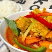 V-C5. Massaman Curry (Vegan) · A Southern Thai tangy flavored curry cooked with coconut milk, carrot, potatoes, roasted pea...