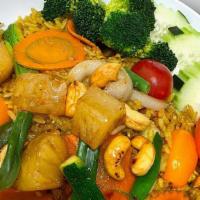 V-N7. Pineapple Fried Rice (Vegan) · Stir-fried yellow rice with tofu (can substitute protein), pineapples, cashew nuts, tomatoes...