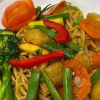 V-N5. Yakizoba (Vegan) · Noodles stir-fried with tofu (can substitute protein), pineapples, sweet onions, cabbage and...