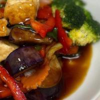 V-E3. Eggplant With Basil Sauce (Vegan) · Stir-fried tofu (can substitute protein) eggplant with ground Thai chili and garlic in a spi...
