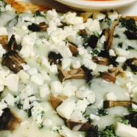 Portobello Flatbread · Flatbread topped with garlic olive oil sauce, spinach-ricotta, Portobello mushrooms, & mozza...
