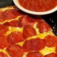 Cheesy Pepperoni Flatbread · crispy flatbread brushed with our garlic olive oil sauce. Topped with mozzarella, cheddar, r...